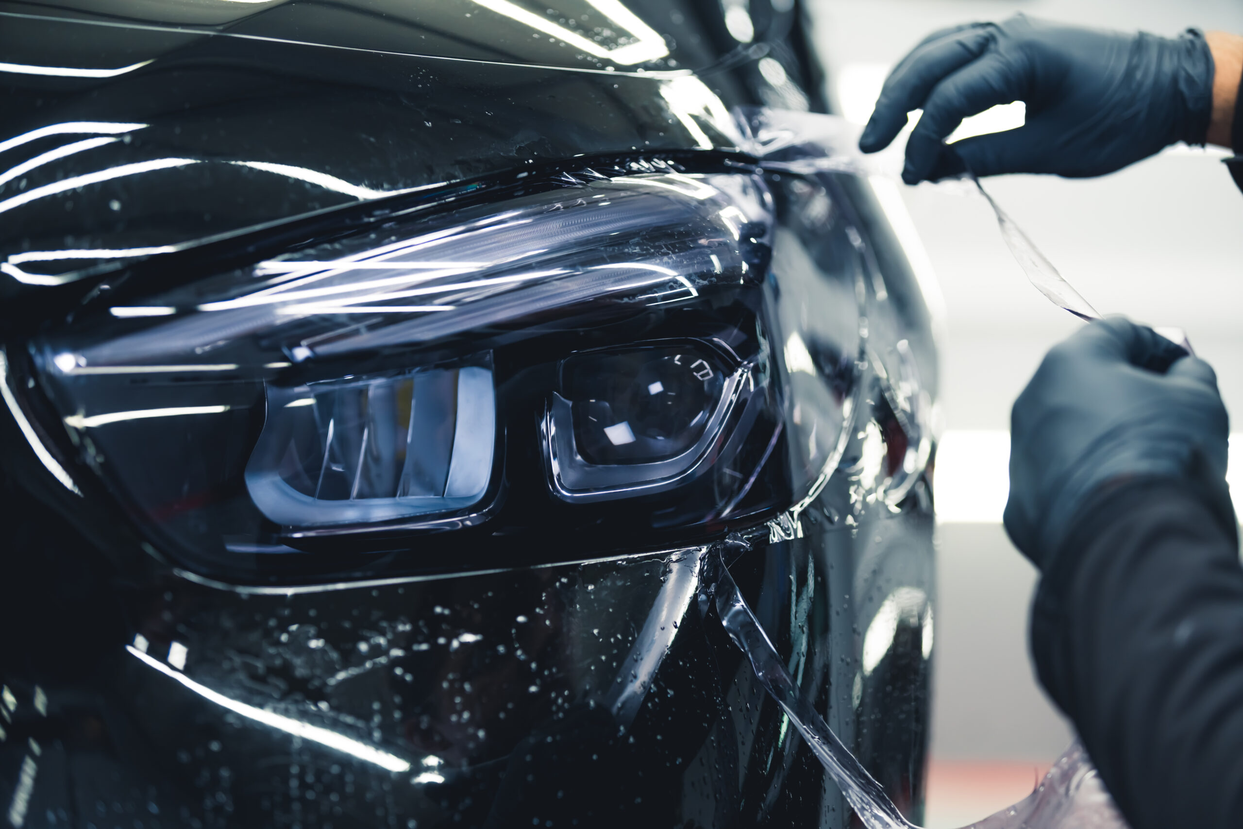 Automative lamps darkening. Two hands in protective gloves applying tint on front car lights. . High quality photo